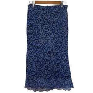 Y2K Ruffle Hem 90s Midi Skirt Size Large Swirls Printed Design 35th and 10th